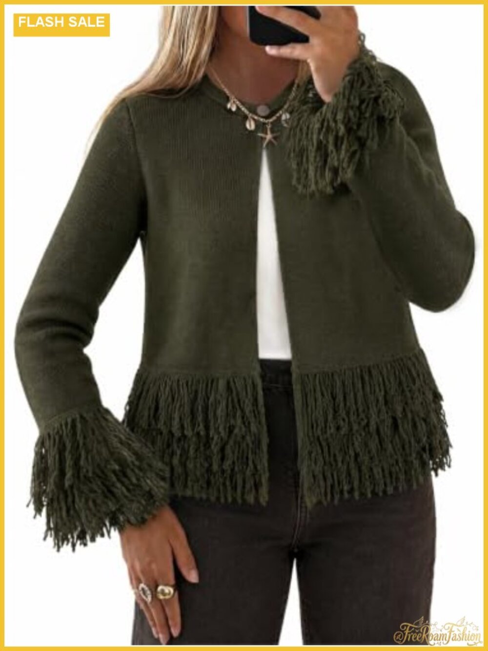 Fringe Crochet Cardigan Crew Neck Button Down Boho Knit Sweater